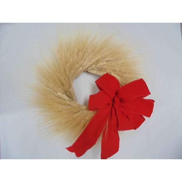 Natural Christmas Wheat Wreath - 19 inch with Red Bow