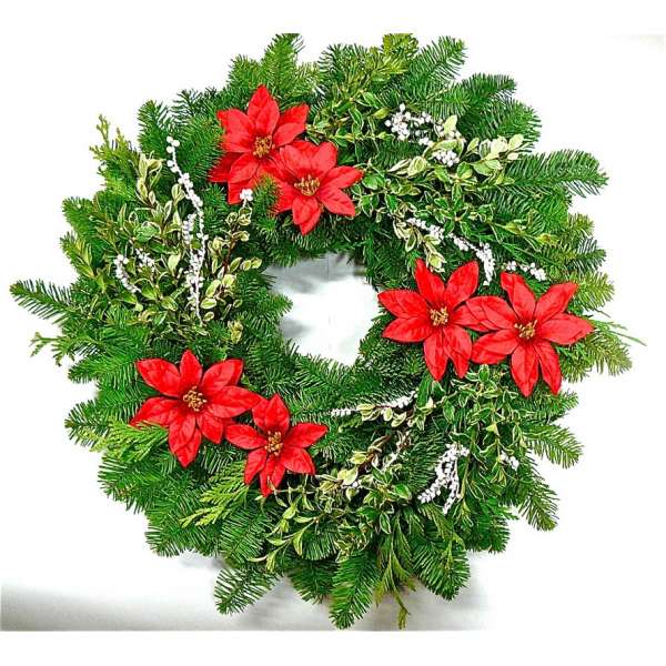 Fresh Holiday Poinsettia Noble Fir Wreath